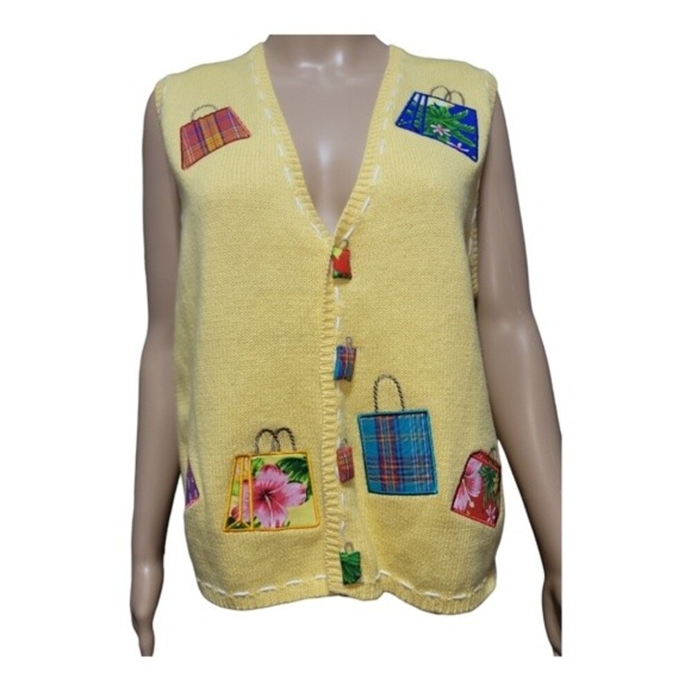 Mandal Bay Women's Sweater Vest Knitted Floral Bag Pattern Retro Vintage Size M